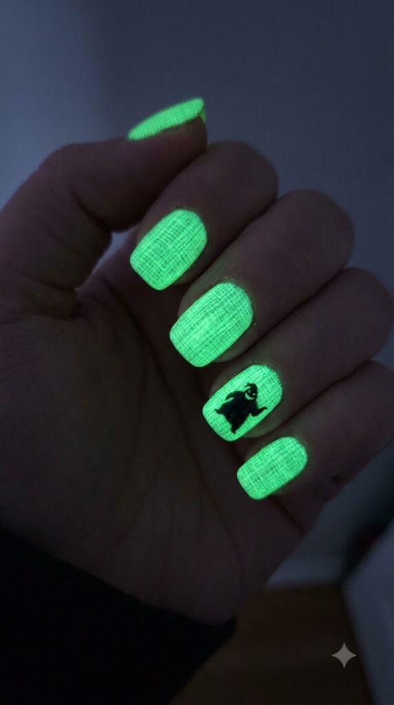 Squoval neon green glow nails with Oogie Boogie silhouette accent