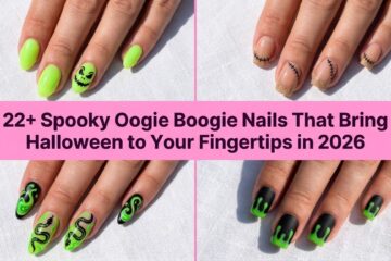 Collage of spooky Oogie Boogie nails that bring Halloween to your fingertips