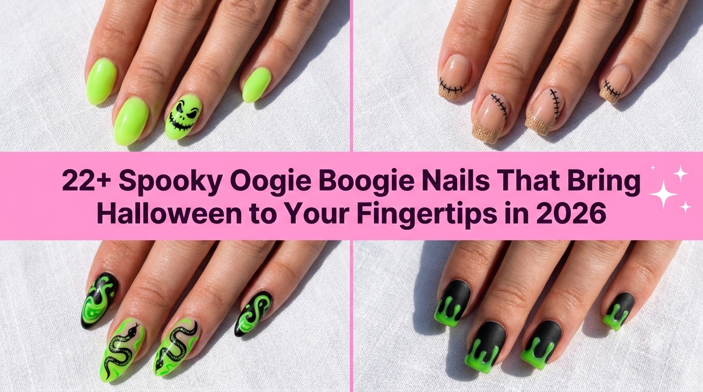 Collage of spooky Oogie Boogie nails that bring Halloween to your fingertips
