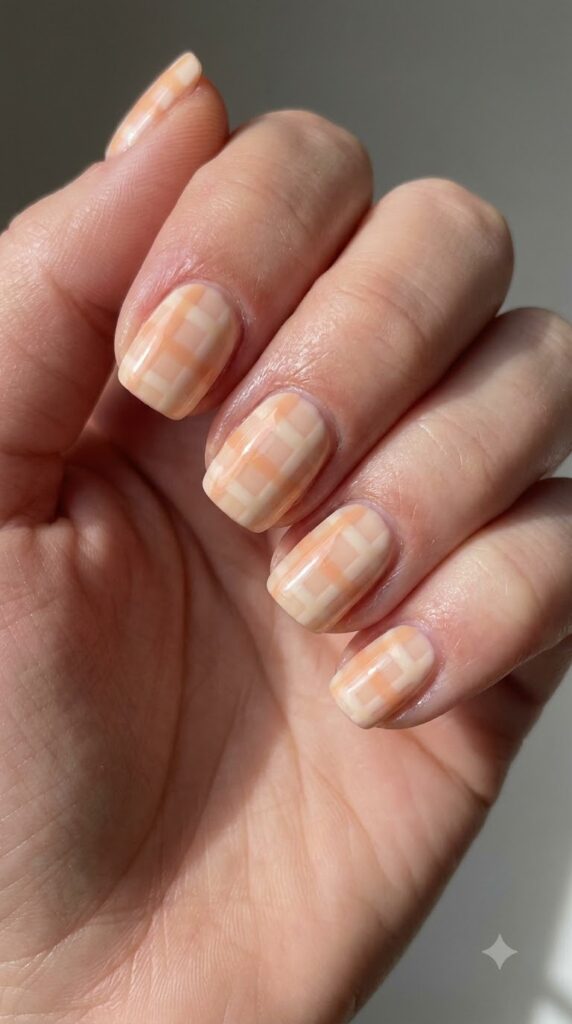 Short square peach and cream gel nails decorated with a fine gingham grid