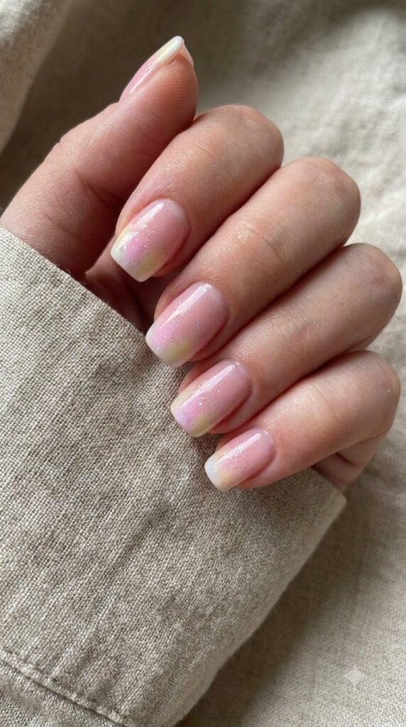 Short square pink nails with pastel pink yellow white glitter gradient tips