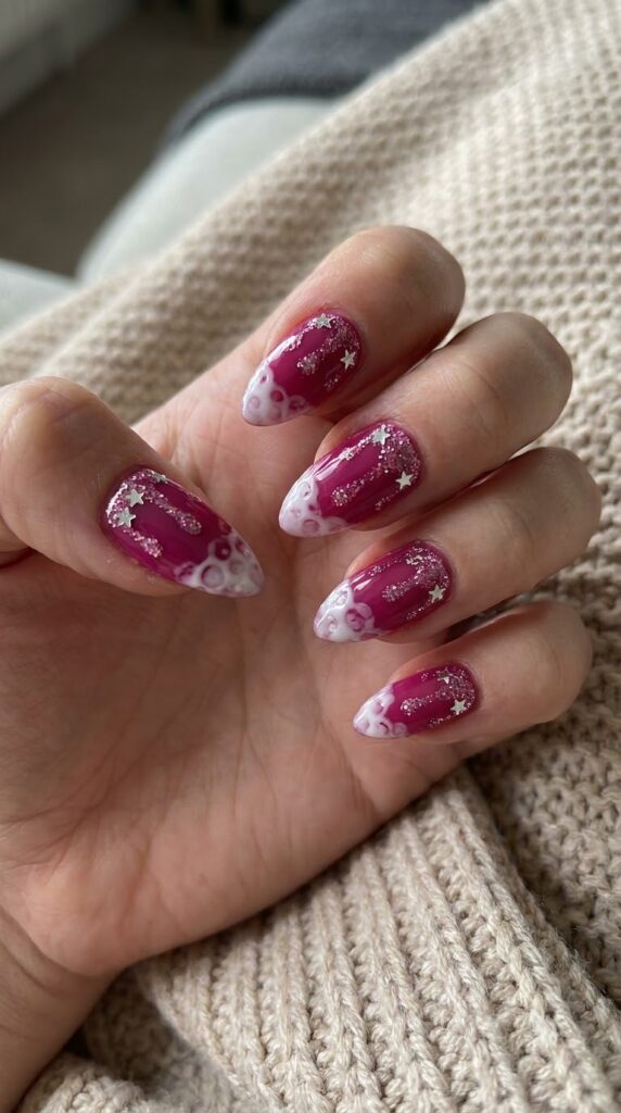 Almond magenta pink nails with white potion bubbles and glitter drips