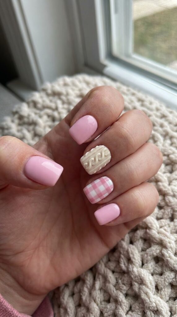 Short square pink nails with 3D cable-knit sweater texture and gingham grid art