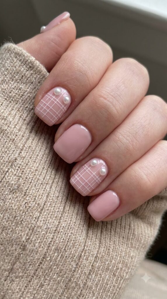 Short square baby pink nails with white mummy wraps and pearl eyes