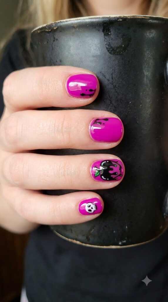 Short round magenta pink nails with glossy black dripping poison apple art