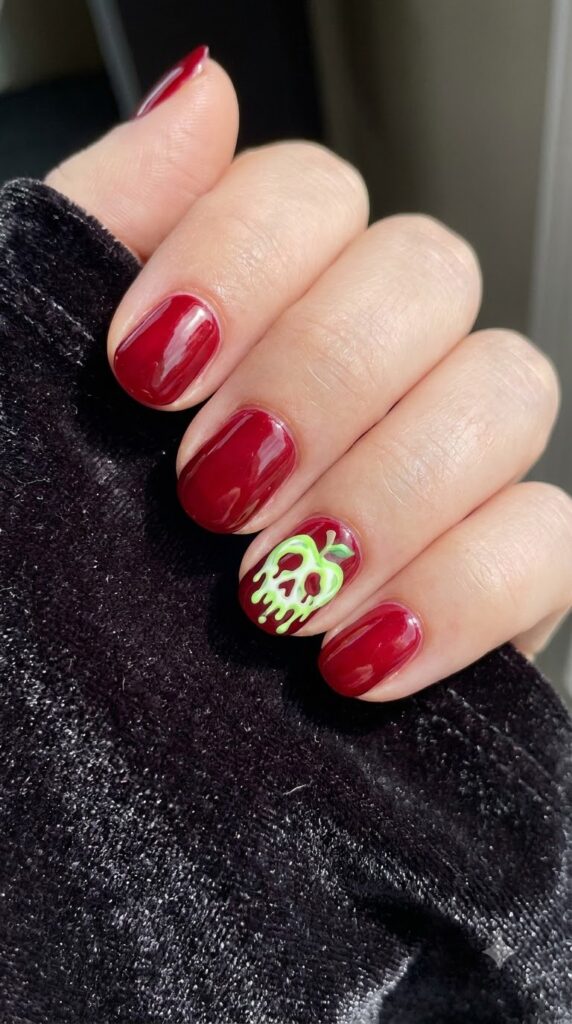 Short round red nails with dripping neon green poison apple skull