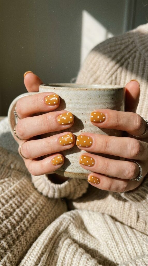 Short squoval mustard yellow nails with small white polka dots