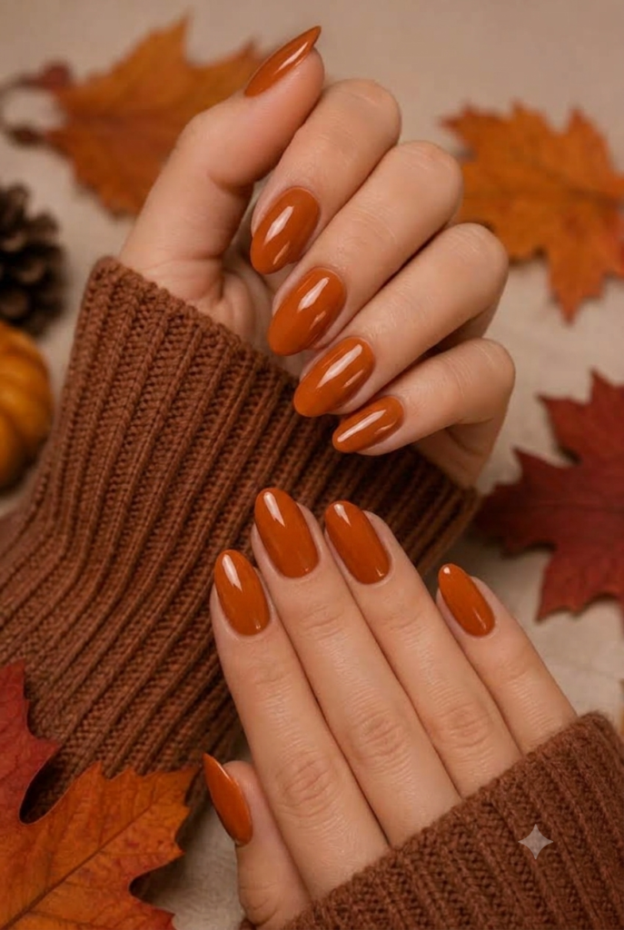 Short almond nails painted in glossy pumpkin spice orange polish