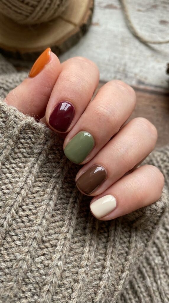 Short round nails with 5-color pumpkin spice autumn skittle manicure