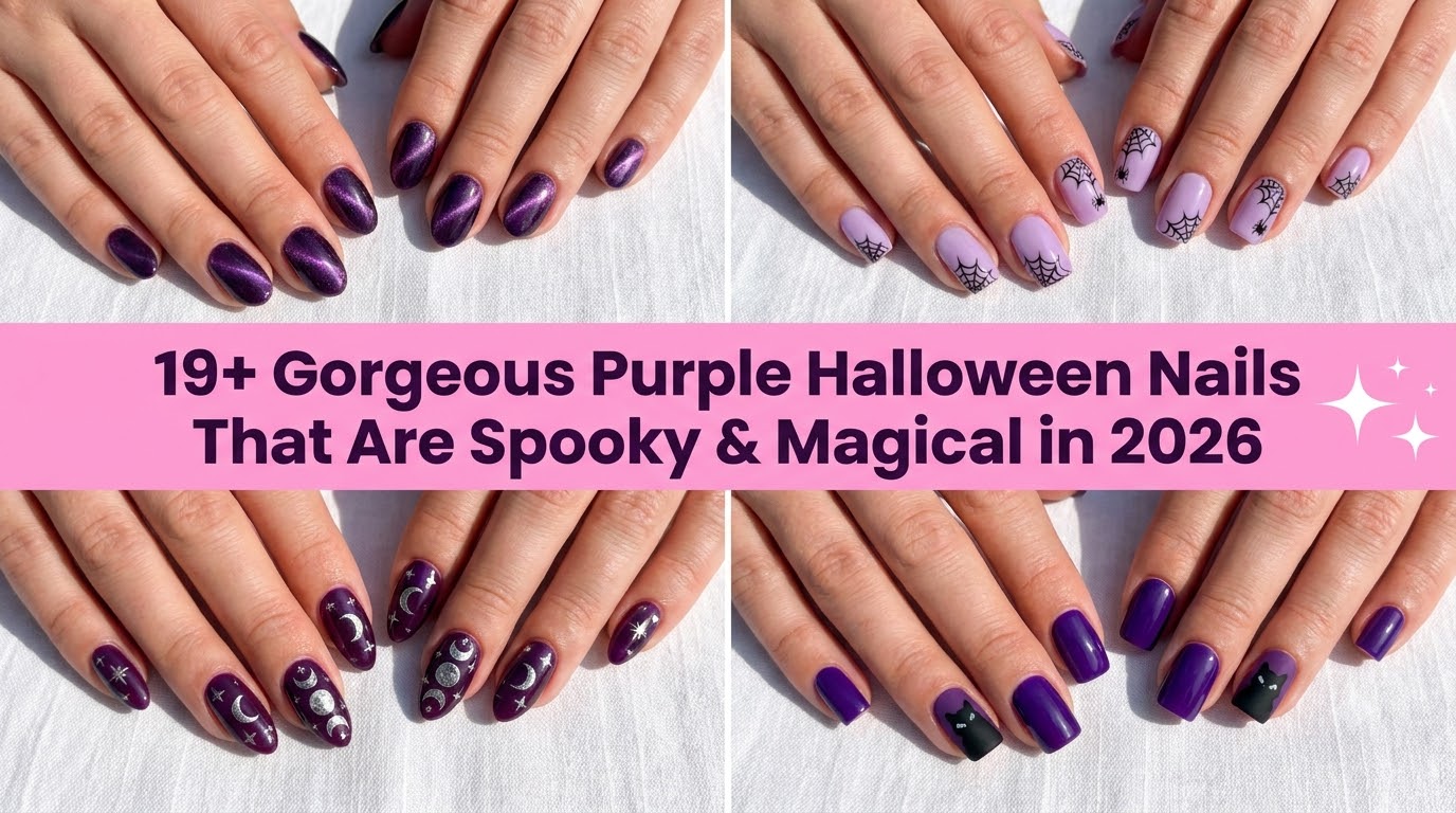 Collage of gorgeous purple Halloween nails that are spooky and magical