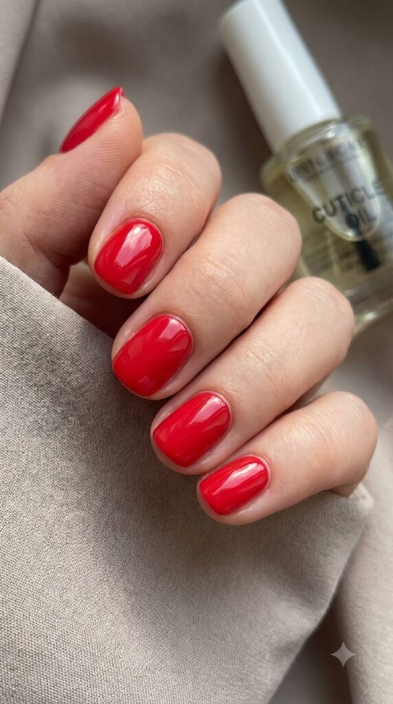 Short round nails painted in classic bright apple-red glossy polish