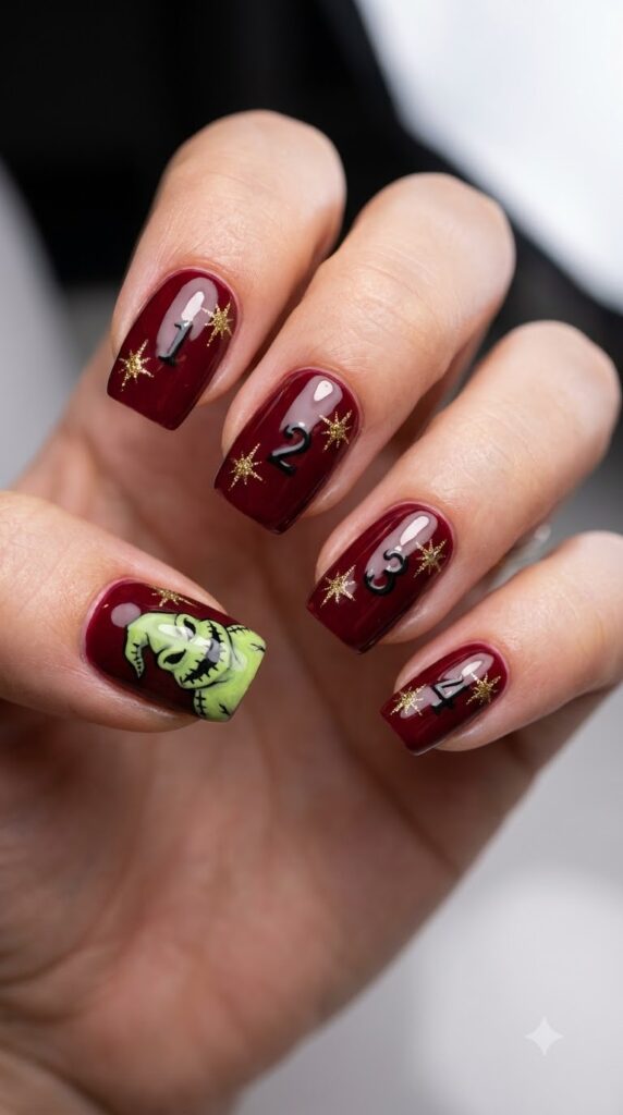 Squoval roulette red nails with casino numbers, gold starbursts, and green Oogie