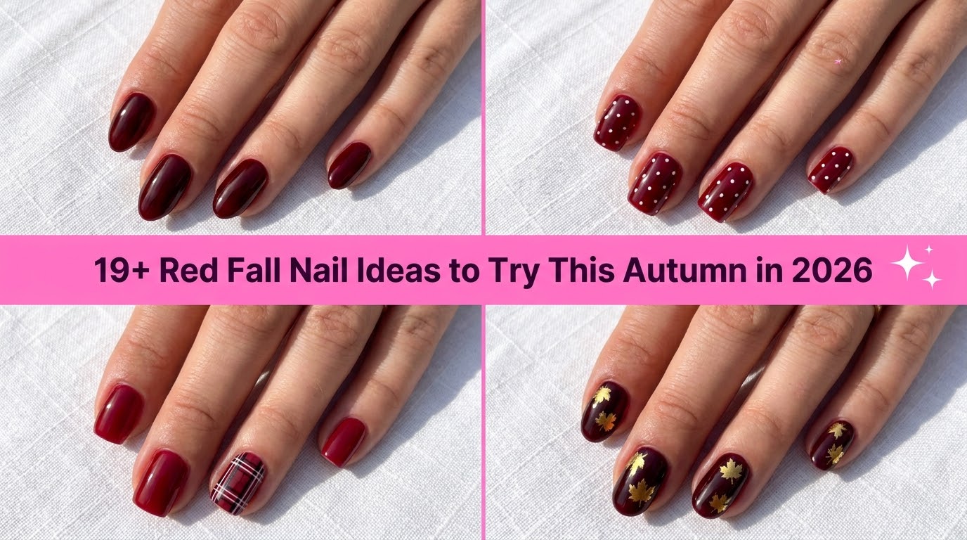 Collage of red fall nail ideas to try this autumn in 2026