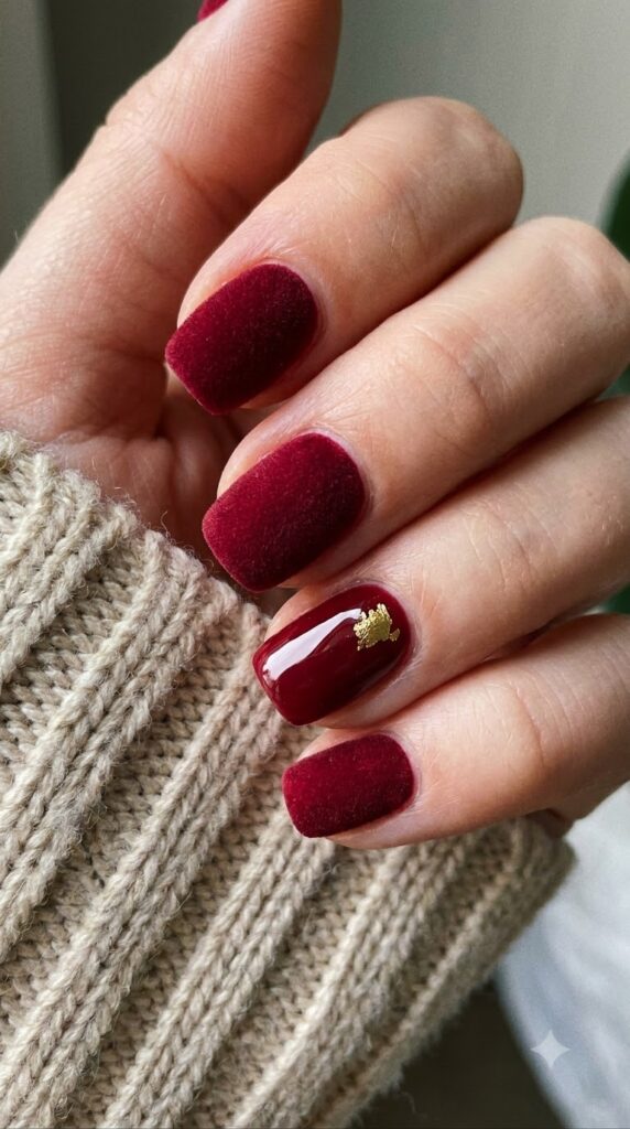 Short square deep red nails with matte finish and glossy accent nail