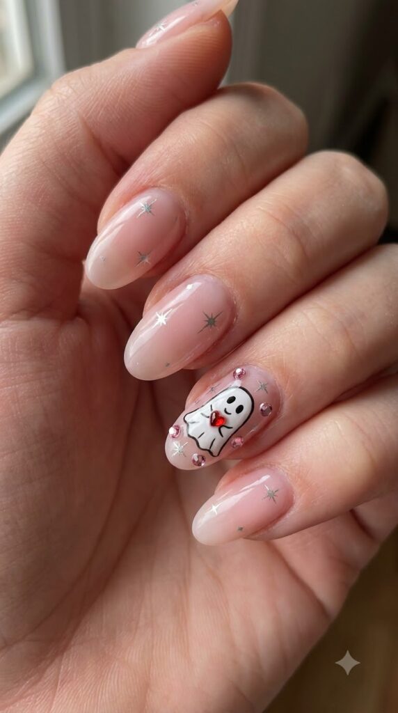 Oval milky pink nails with white ghost, pink rhinestones, and silver stars