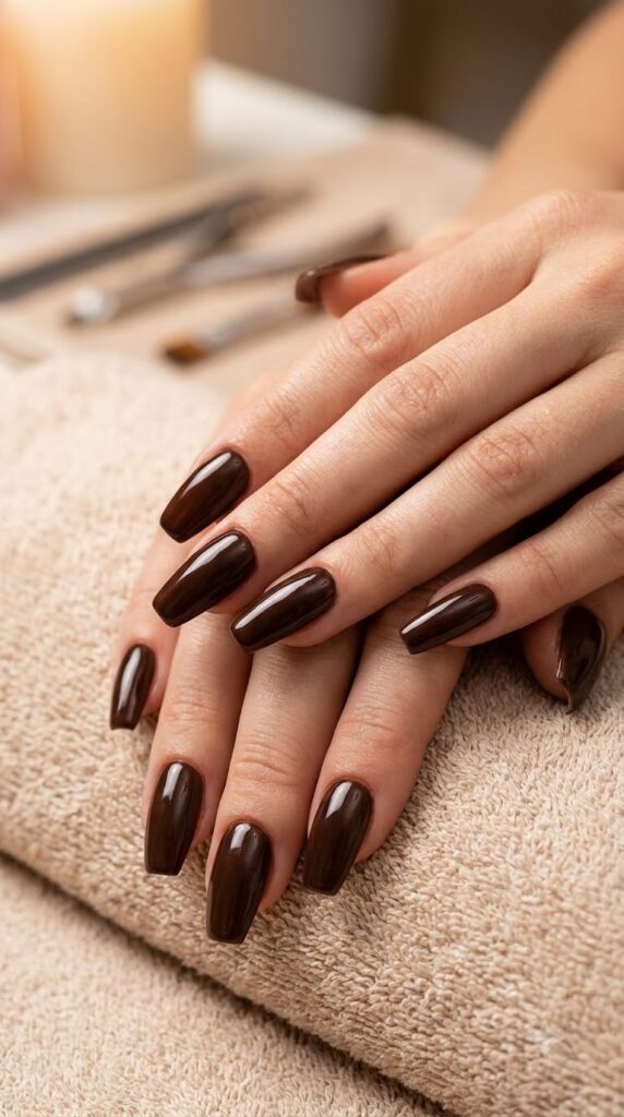 Medium coffin nails painted in glossy dark chocolate brown polish