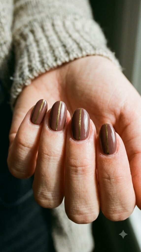 Oval mahogany brown nails with vertical gold metallic center stripes