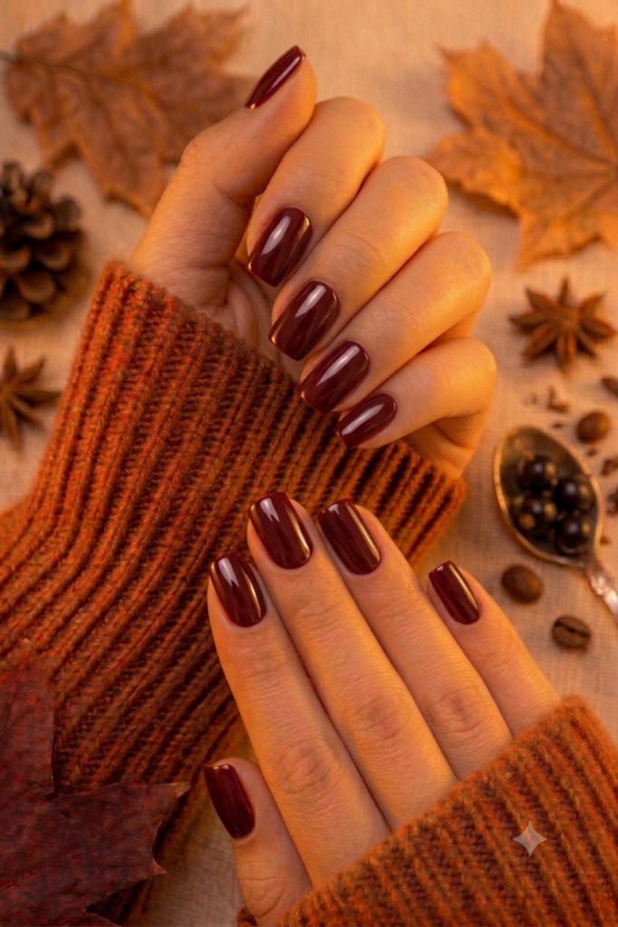 Short square nails painted in opaque rich maroon polish
