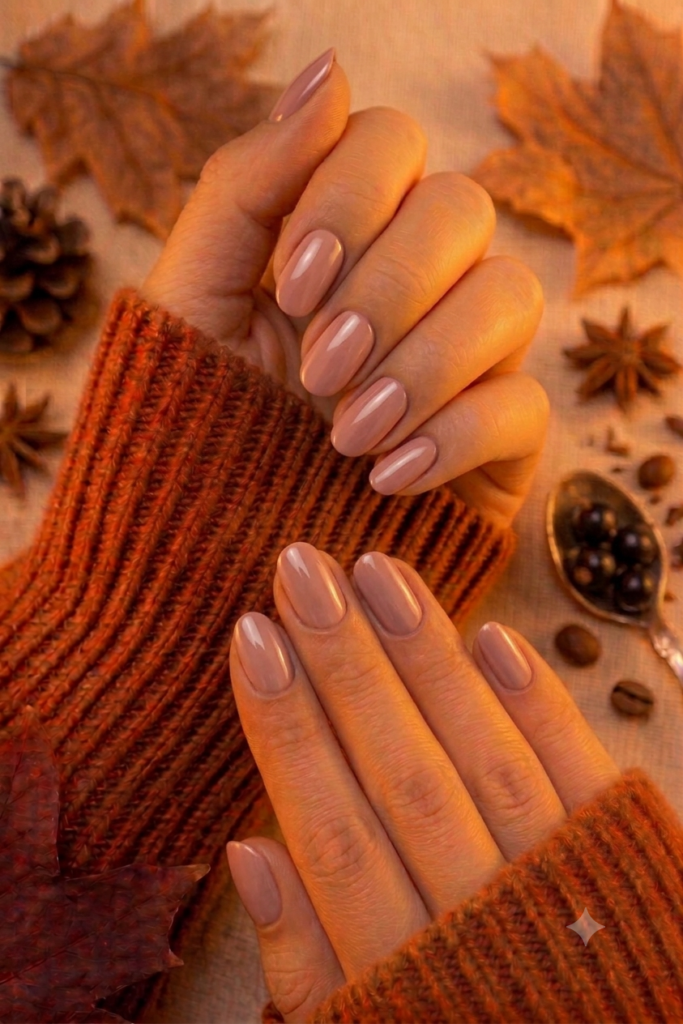 Oval nails painted in soft rosy beige nude pink polish