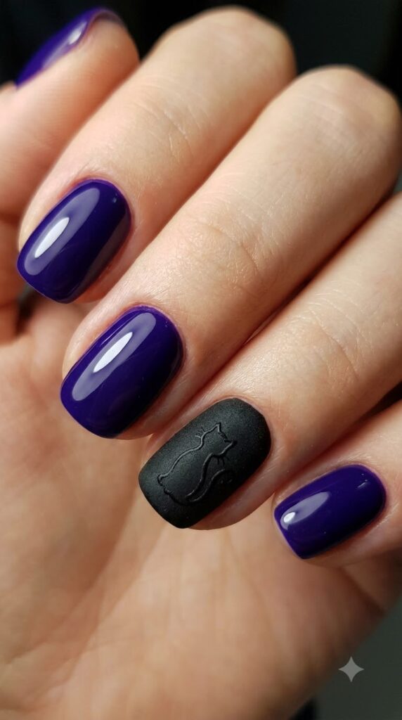 Short round glossy royal purple nails with matte black cat silhouette art