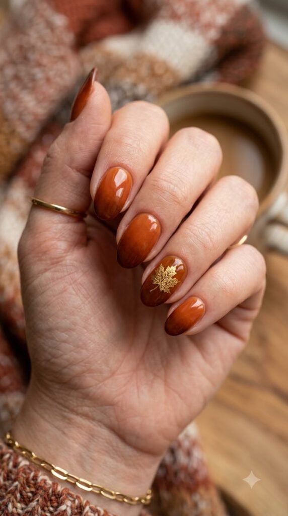 Oval rust orange gradient nails decorated with a gold foil maple leaf decal