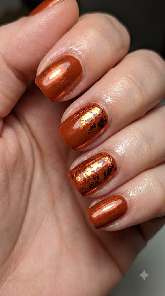 Short square vibrant rust orange nails buffed with copper chrome powder