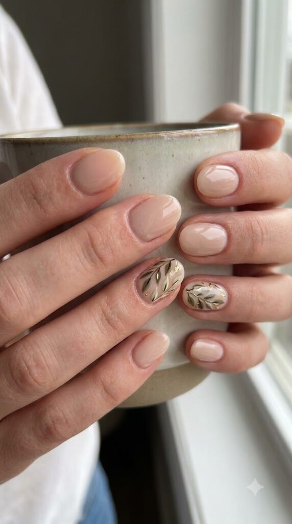 Short oval nails with nude base and fine hand-painted sage green leaf branches