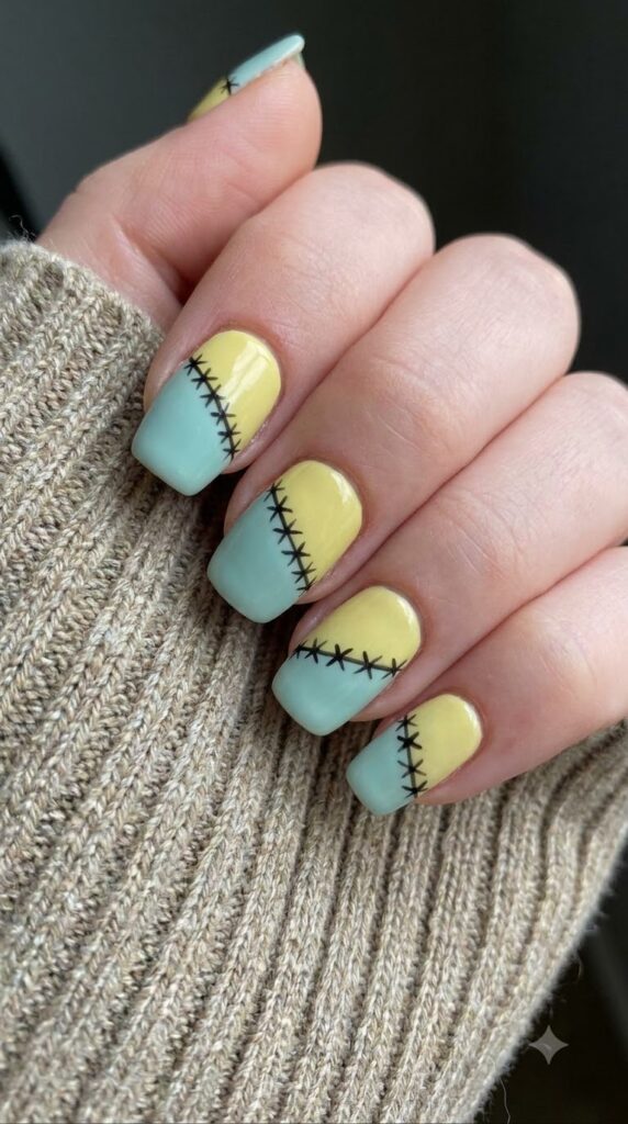 Squoval teal yellow nails with Sally dress stitches line art