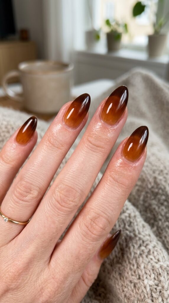 Almond translucent amber jelly nails fading into espresso brown glass tips