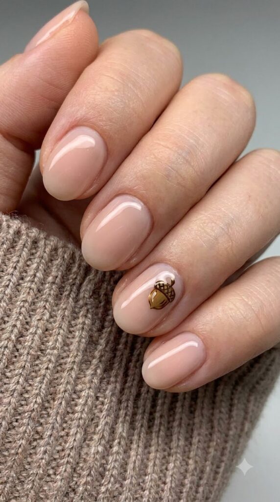 Short oval sheer blush nude gel nails with a miniature acorn accent art