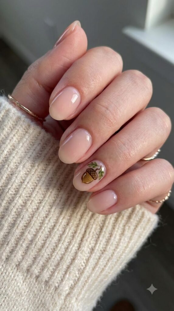 Short oval blush nude nails with one miniature hand-painted acorn accent