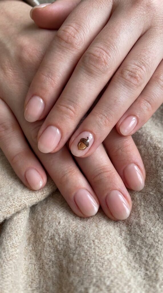 Short oval blush nude nails with one miniature hand-painted acorn art