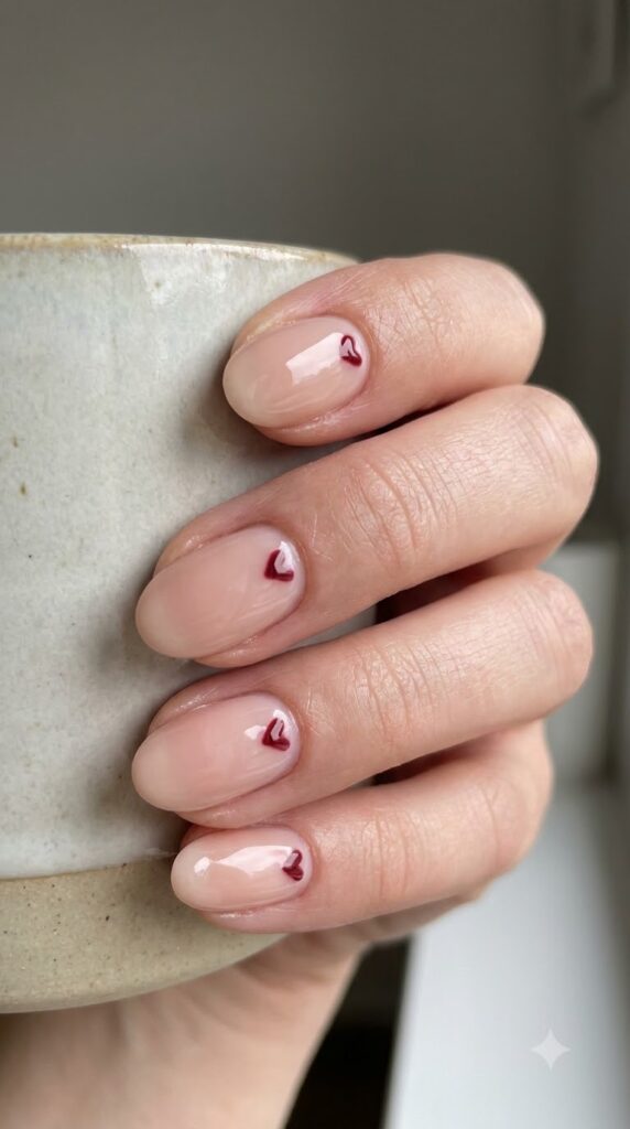 Oval sheer blush nude nails with miniature hand-painted deep red hearts