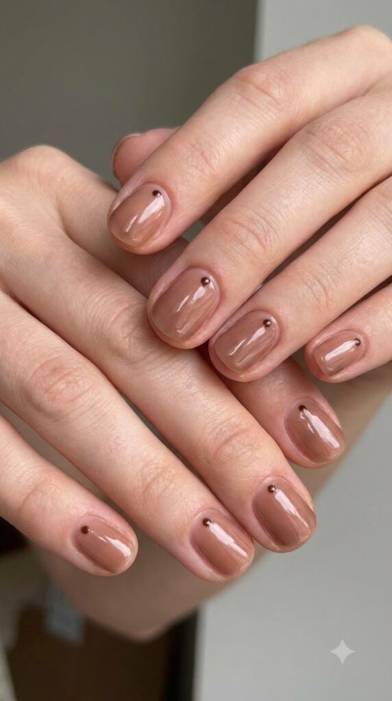 Short natural round glazed nude nails with tiny dark brown cuticle dots