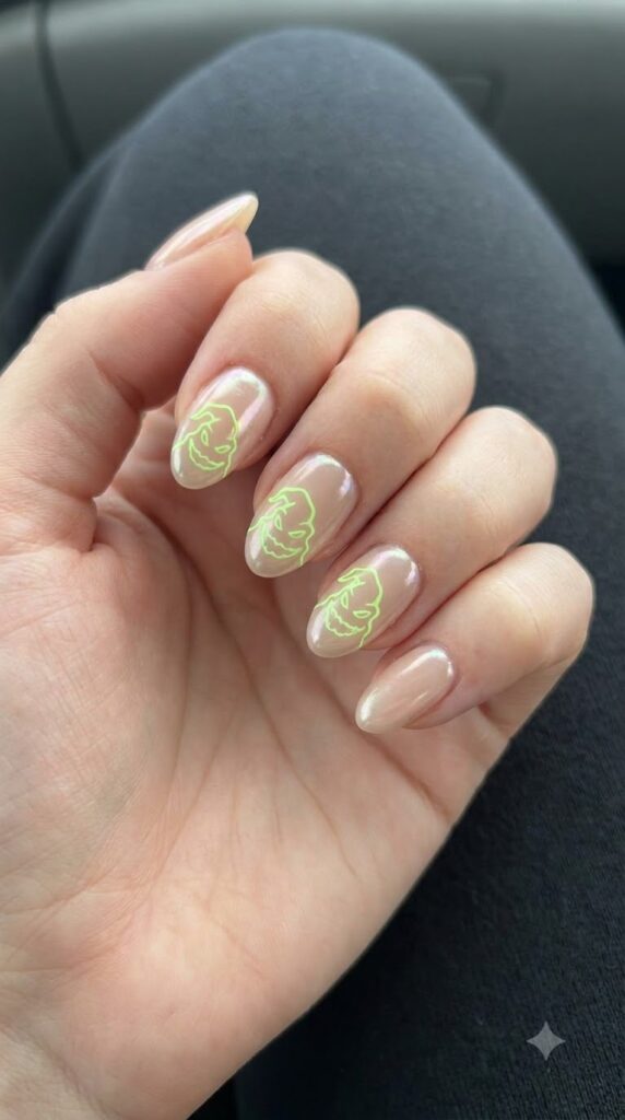 Short almond glazed nude chrome nails with fine neon lime green Oogie outlines