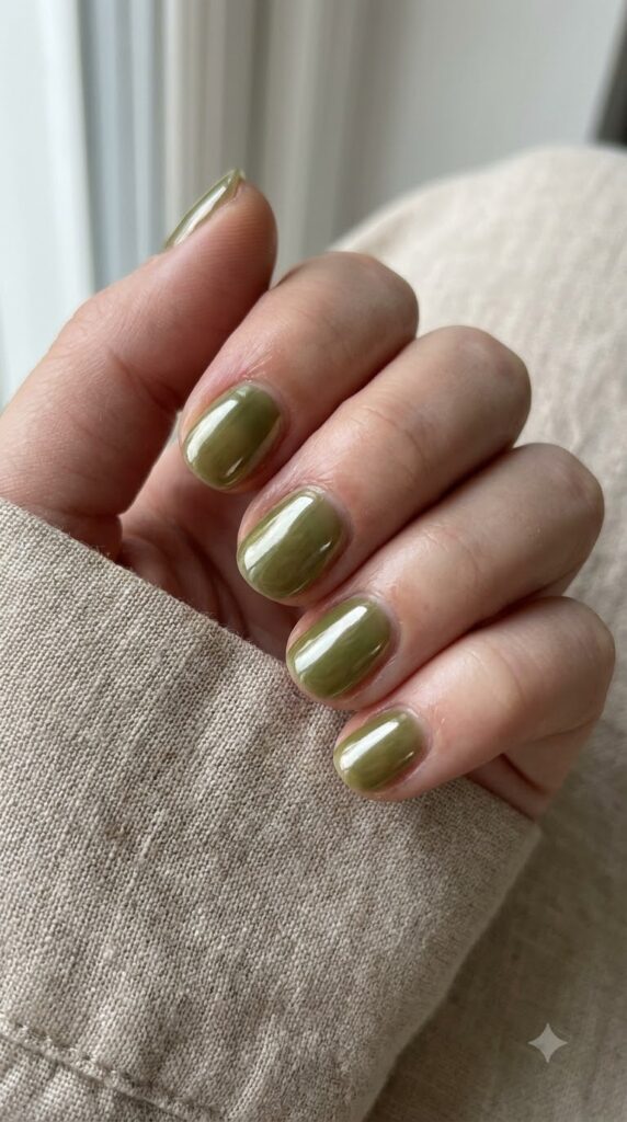 Short natural round olive green nails with glazed chrome powder finish