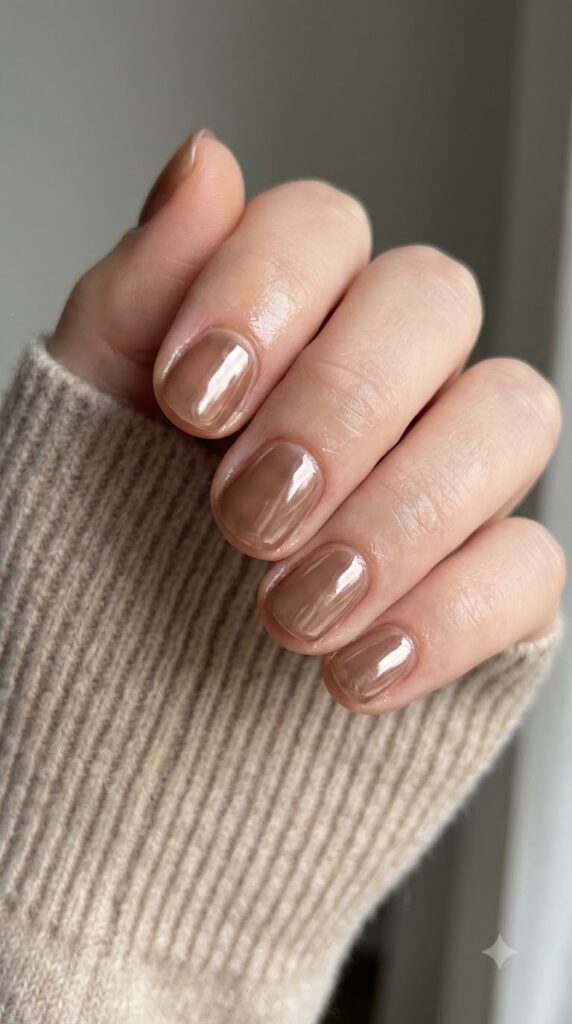 Natural round nails with sheer mocha brown glazed chrome powder finish