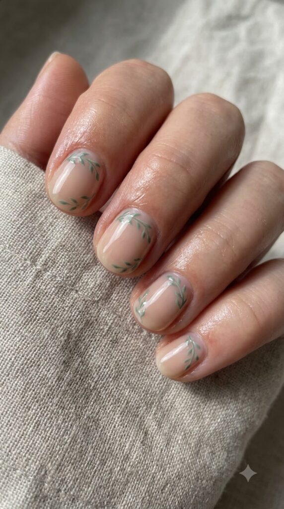 Short natural round nude nails with tiny sage green botanical branch art