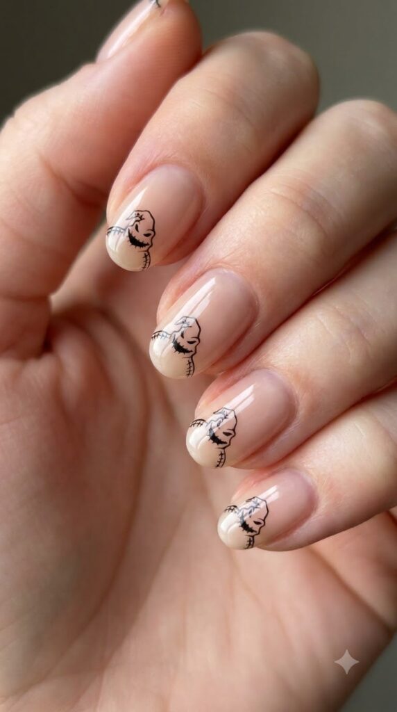 Short oval sheer nude nails with thin black line Oogie stitched outline