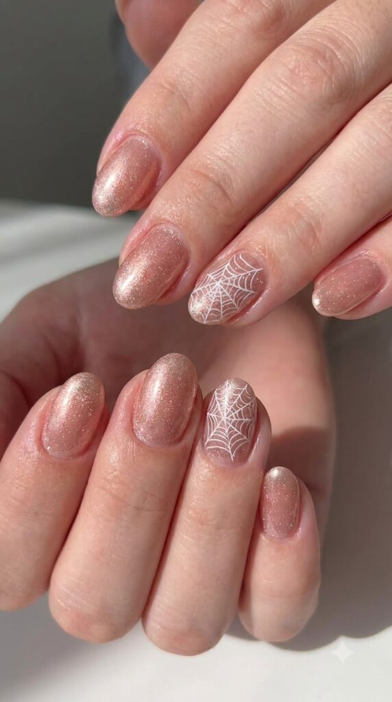 Oval rose gold shimmer nails with delicate white spiderweb drawings