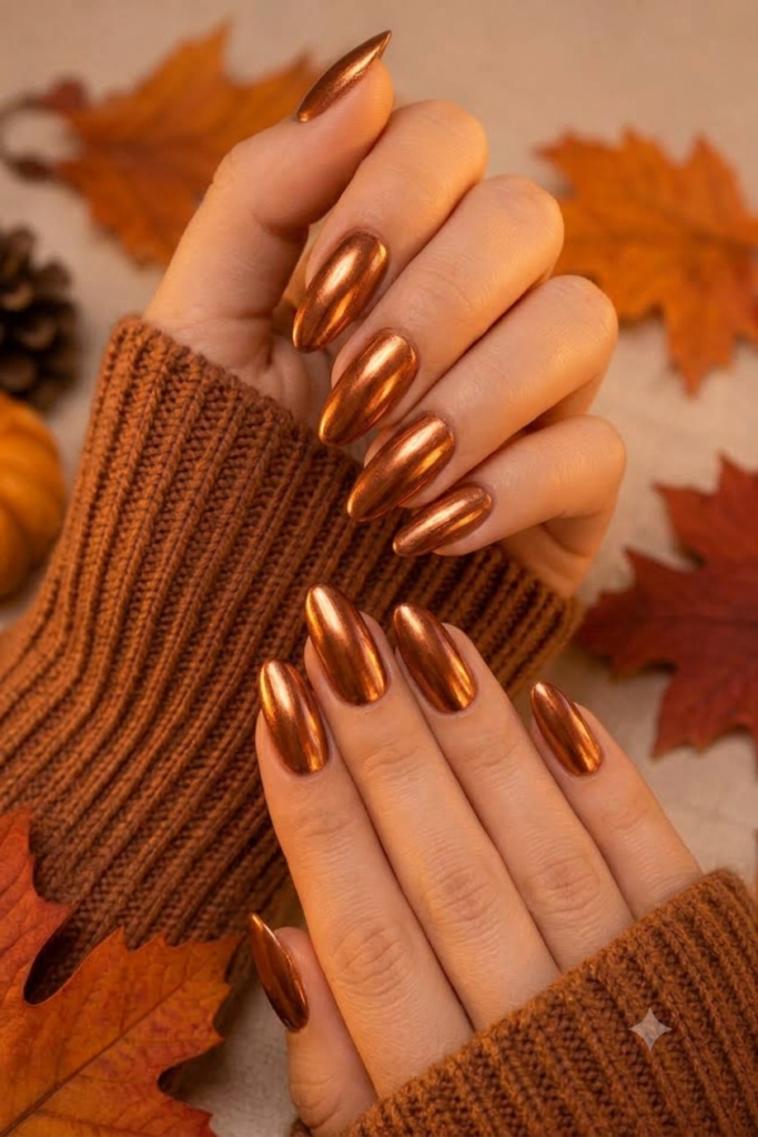 Almond nails painted in shiny rustic copper metallic polish