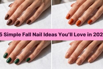 Collage of simple fall nail ideas featuring brown, orange, and green manicures