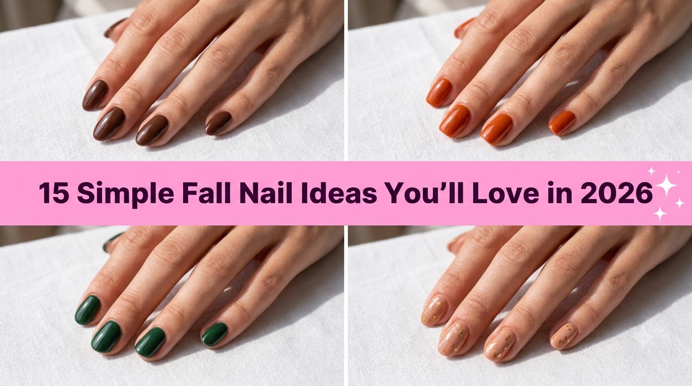 Collage of simple fall nail ideas featuring brown, orange, and green manicures
