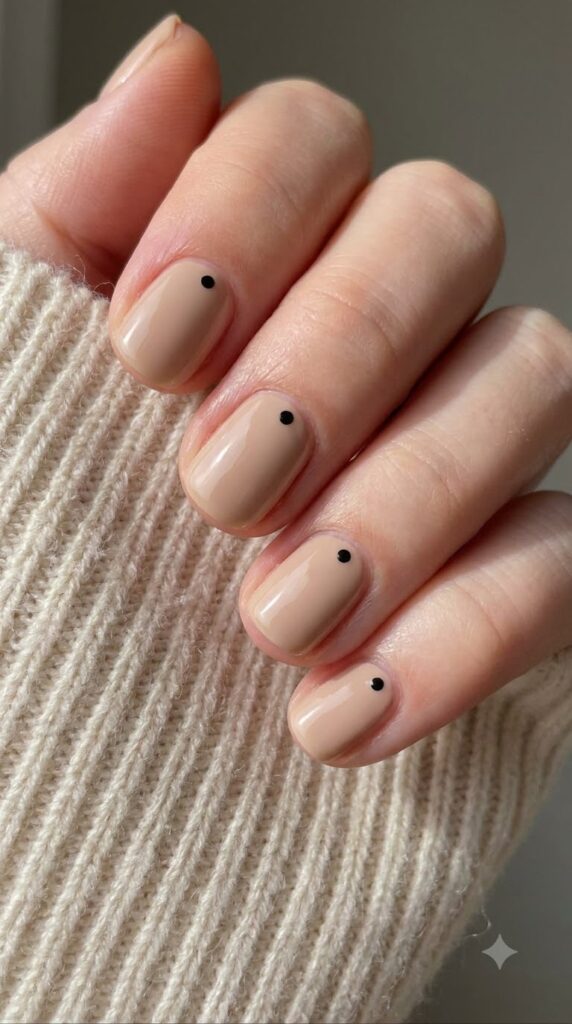 Short round beige nails with a single small black dot near the cuticle