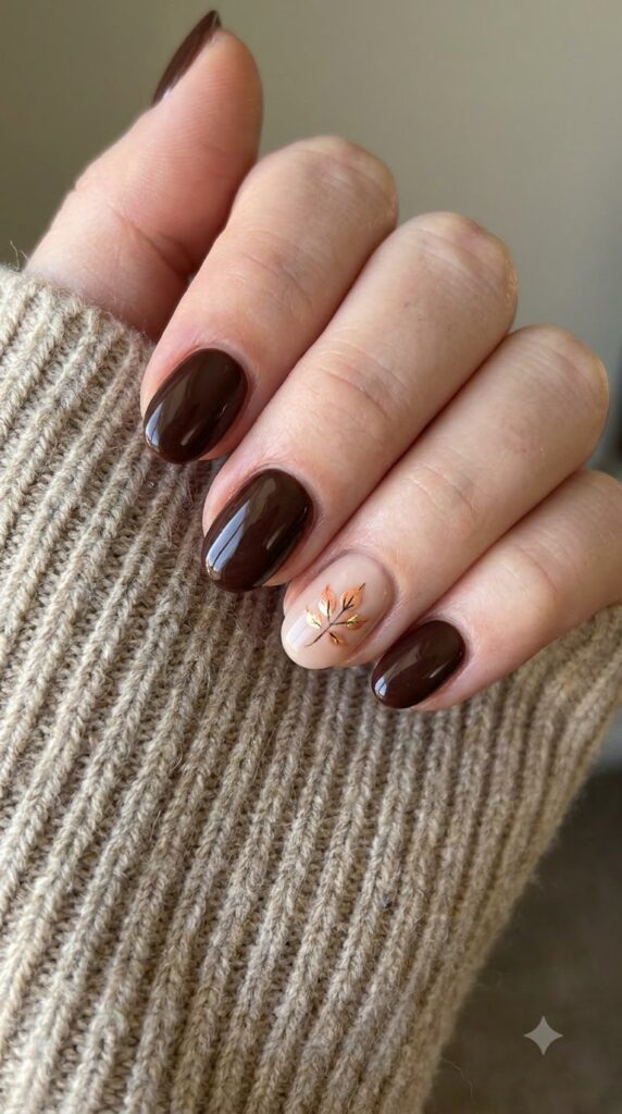 Short oval brown nails with a nude accent nail featuring a painted autumn leaf
