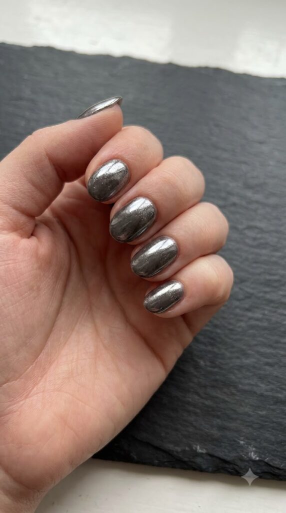 Short oval grey-brown quartz nails finished with liquid silver chrome