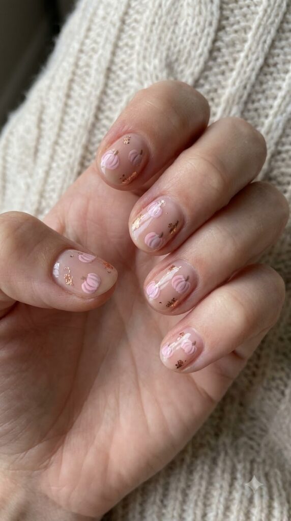 Short natural round blush nails decorated with pastel pink and rose gold foil pumpkins
