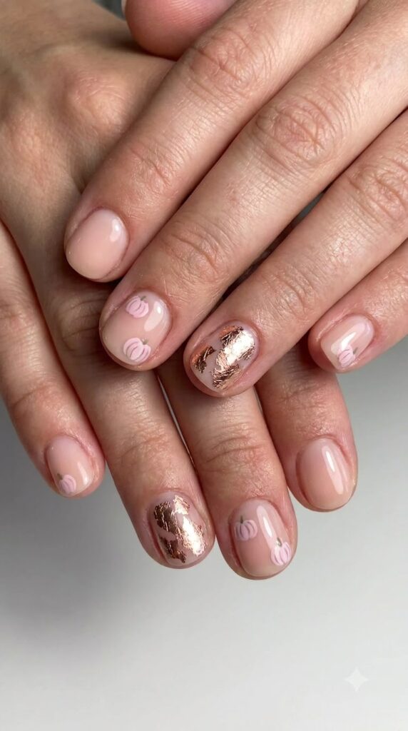 Short natural round blush nails with pastel pink and rose gold foil pumpkins