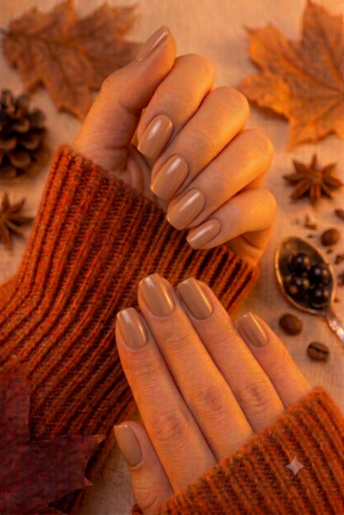 Short natural squoval nails painted in soft toffee nude polish