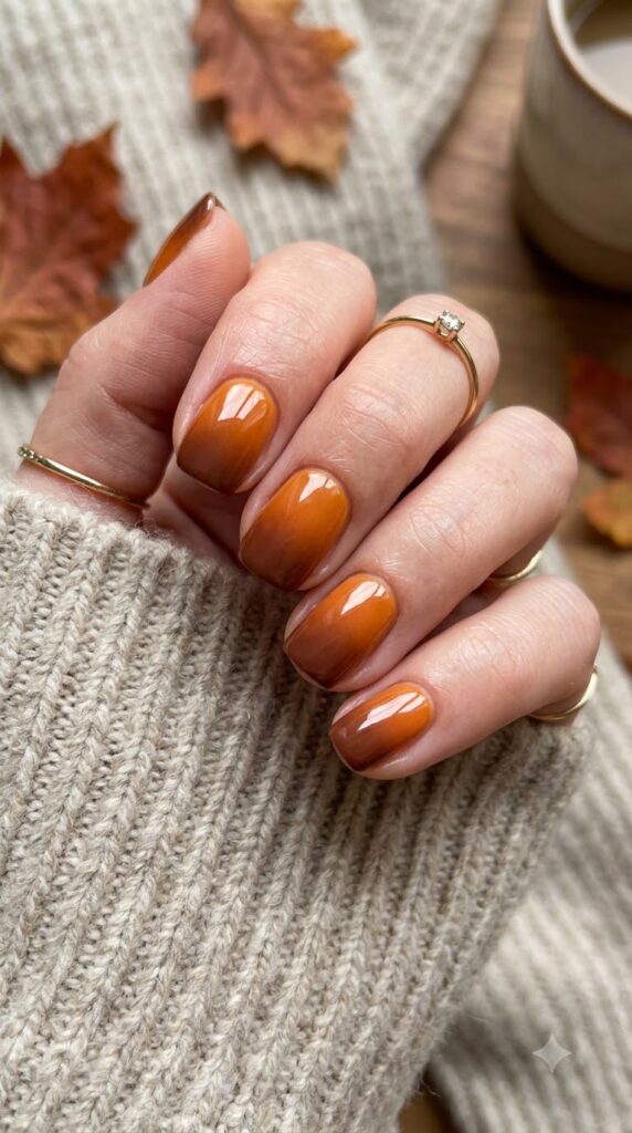 Short squoval pumpkin orange nails fading into deep cinnamon brown tips